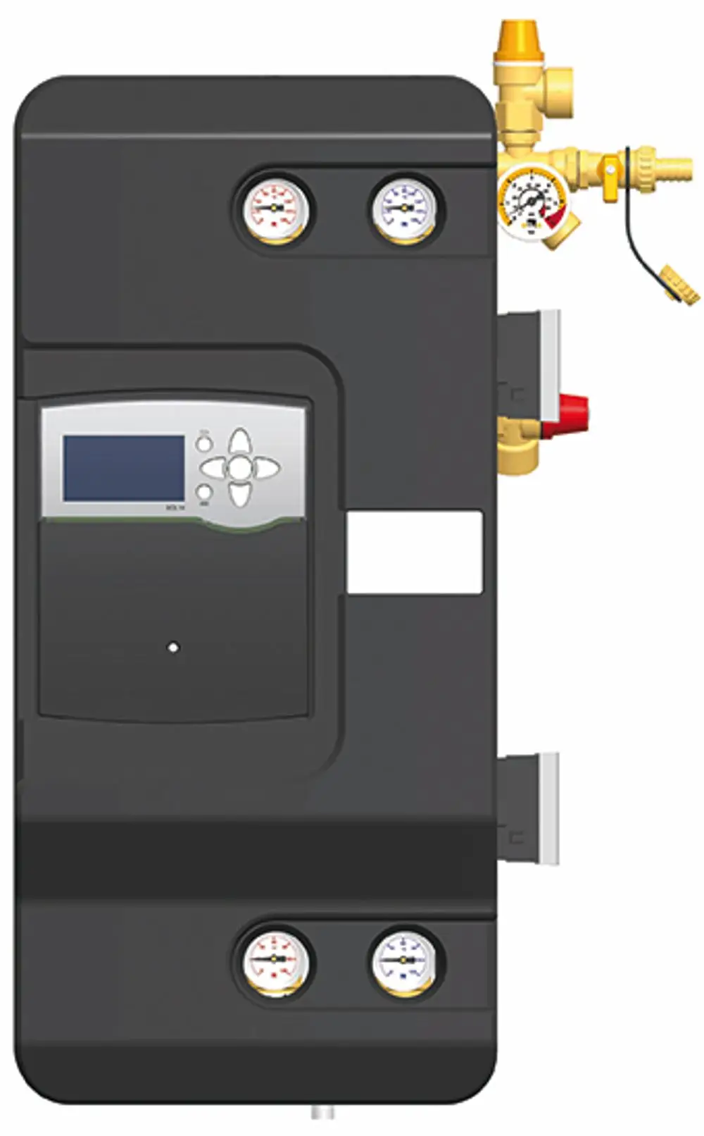 Trennstation von Remeha mit digitalem Display, zwei Manometern und Anschlüssen für eine Solarthermieanlage, geeignet für Systeme bis 30 m².
